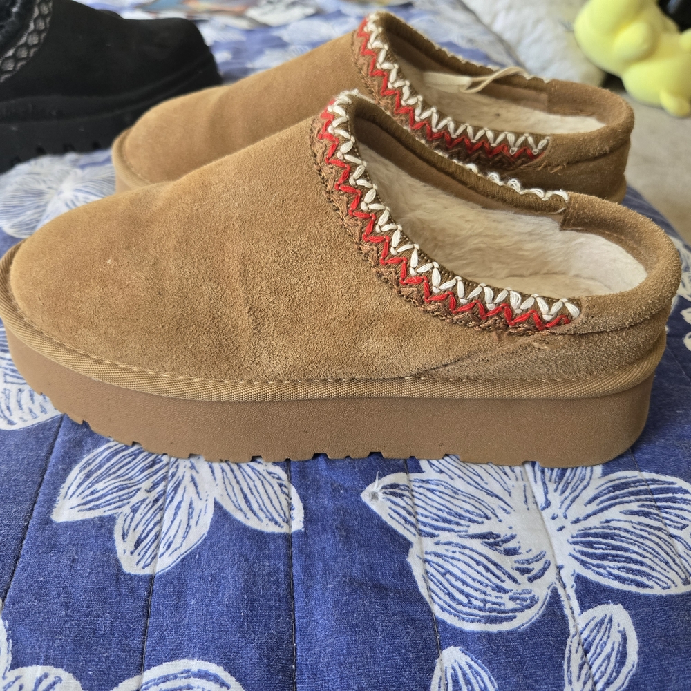 Tan Suede Mules with Red Accents